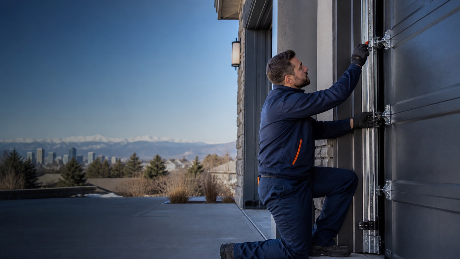 Garage door technician servicing a modern garage door in Denver, Colorado